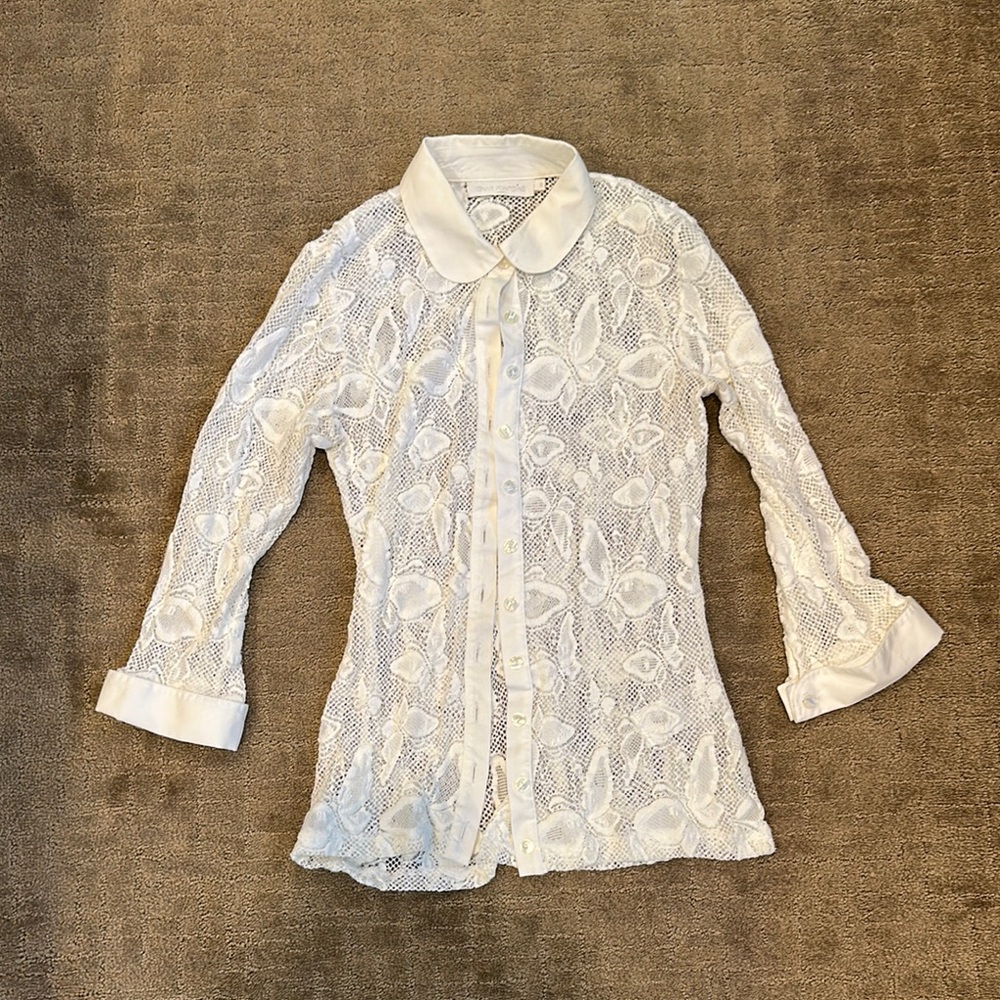 Anne Fontaine White Butterfly Lace Button Down Top
